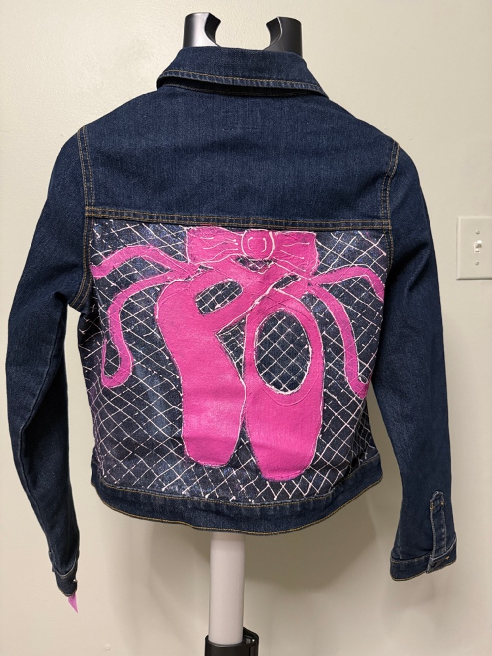Handpainted Dark Blue Denim Jacket with Pink Ballet Slippers